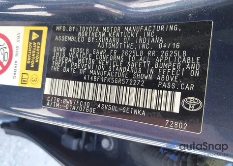 2016 Toyota Camry Le/Xle/Se/Xse from USA, damaged, VIN 4T4BF1FK5GR572272